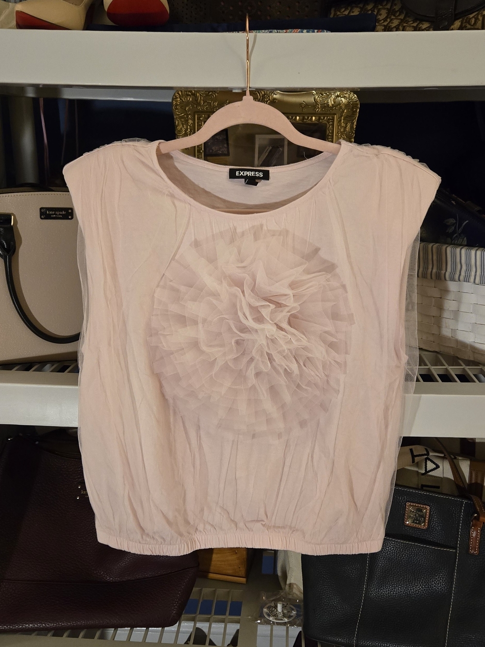 Express Women's Light Blush Pink Coquette/Fairycore Ruffle Flower Center Tank